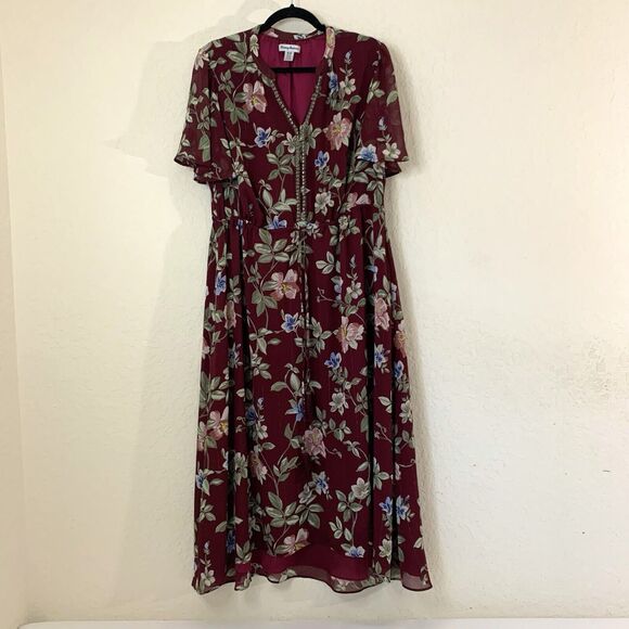 Tommy Bahama Midi Dress Women M Painted Petal Burgundy Floral Bead Sheer Flutter - Picture 1 of 11